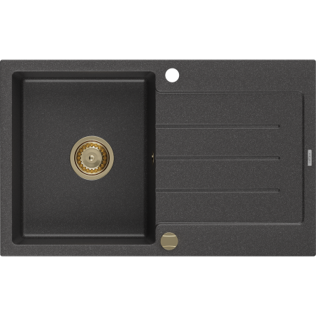 Mexen Bruno granitový drez s 1 komorou a odkvapkávačom 795 x 495 mm, čierny škvrnitý, zlatý sifón - 6513791010-76-G