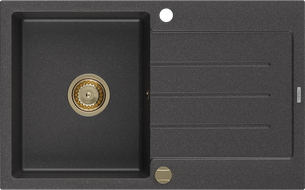 Mexen Bruno granitový drez s 1 komorou a odkvapkávačom 795 x 495 mm, čierny škvrnitý, zlatý sifón - 6513791010-76-G