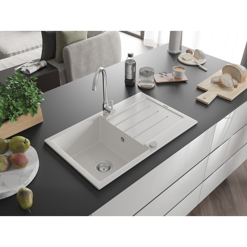 Mexen Bruno žulový drez s 1 komorou a odkvapom 795 x 495 mm, biely, chrómový sifón - 6513791010-20