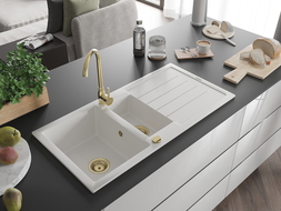 Mexen Andres granitový drezy 1,5-komorový s odkvapkávačom 1000 x 500 mm, biely, sifón zlatý - 6515101510-20-G
