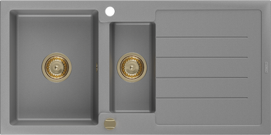 Mexen Andres granitový drez 1,5-komorový s odkvapkávačom 1000 x 500 mm, sivý, sifón zlatý - 6515101510-71-G