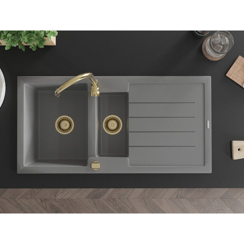 Mexen Andres granitový drez 1,5-komorový s odkvapkávačom 1000 x 500 mm, sivý, sifón zlatý - 6515101510-71-G