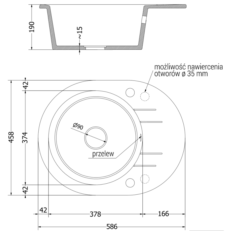 Mexen Kevin granitový drez 1-komorový s odkvapkávačom 586 x 458 mm, šedý, sifón zlatý - 6517581005-71-G