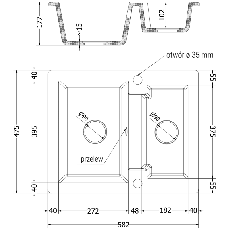 Mexen Carlos granitový drez 1,5-komorový 582 x 475 mm, béžový, sifón zlatý - 6518581500-69-G