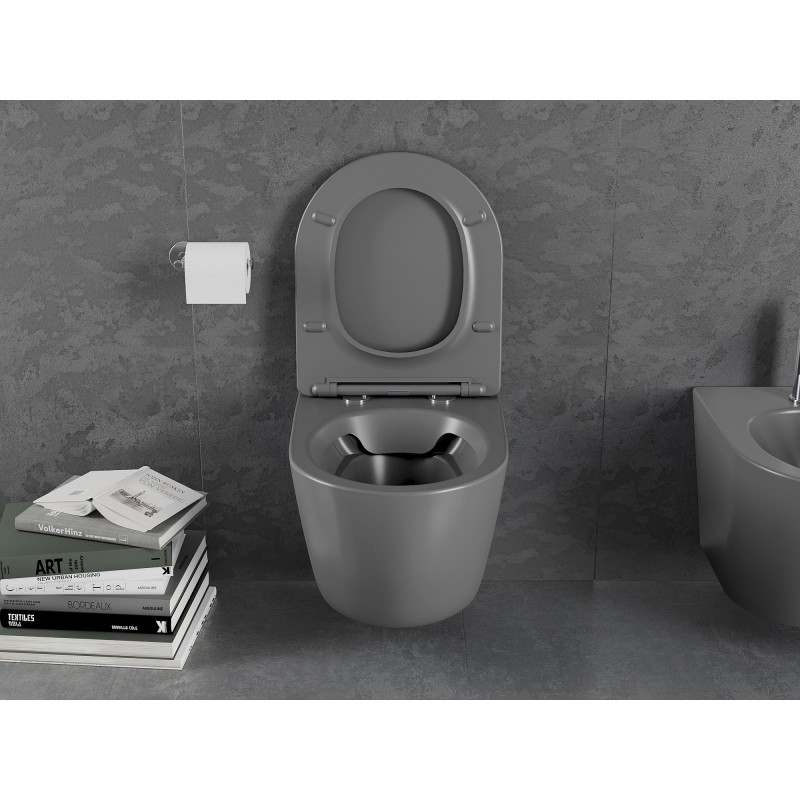 Mexen Lena WC misa bez okrajov s pomaly padajúcim tenkým sedátkem, duroplast, tmavo šedá mat - 30224071