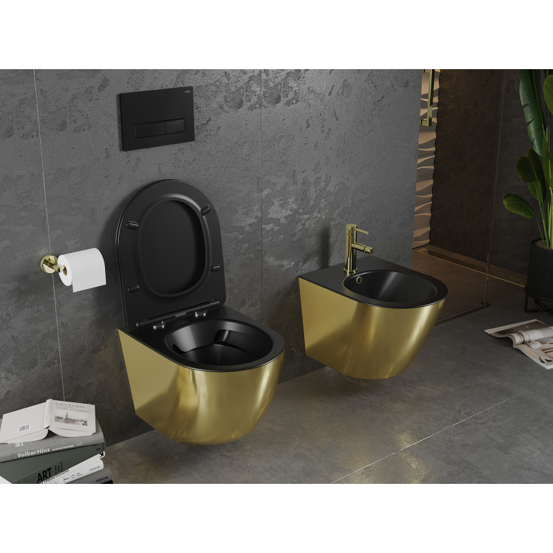 Mexen Lena WC misa Rimless s pomaly zatvárajúcim sedadlom slim, duroplast, čierna matná/zlatá - 30224076