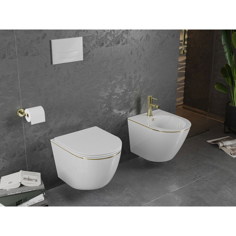 Mexen Lena WC misa Rimless so sedadlom s pomalým zatváraním slim, duroplast, biela/zlatá línia - 30224005