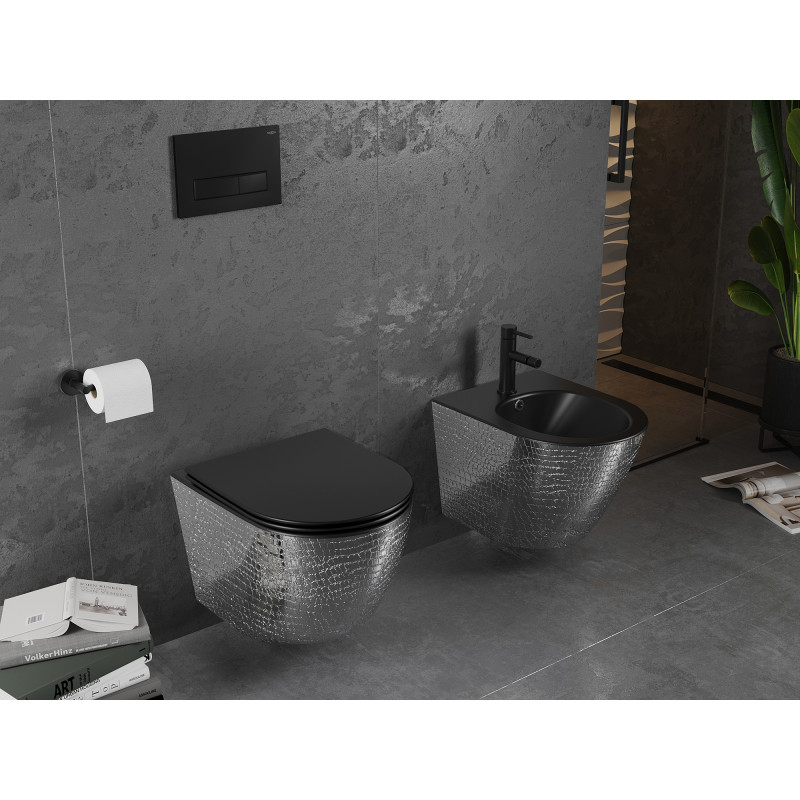 Mexen Lena miska wc Rimless s pomaly klesajúcou doskou slim, duroplast, čierna matná/strieborný vzor šupiny - 30224072