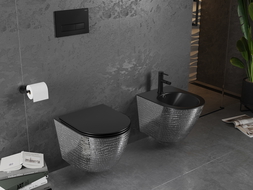 Mexen Lena WC misa Rimless s pomaly padajúcim sedátkom, duroplast, Čierna matná/Strieborná vzor rybích šupín - 30224072
