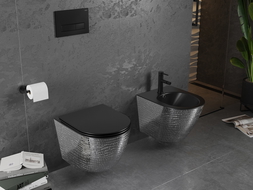 Mexen Lena WC miska Rimless s pomaly zatvárajúcou sa doskou slim, duroplast, čierna matná/strieborný vzor šupiny - 30224072