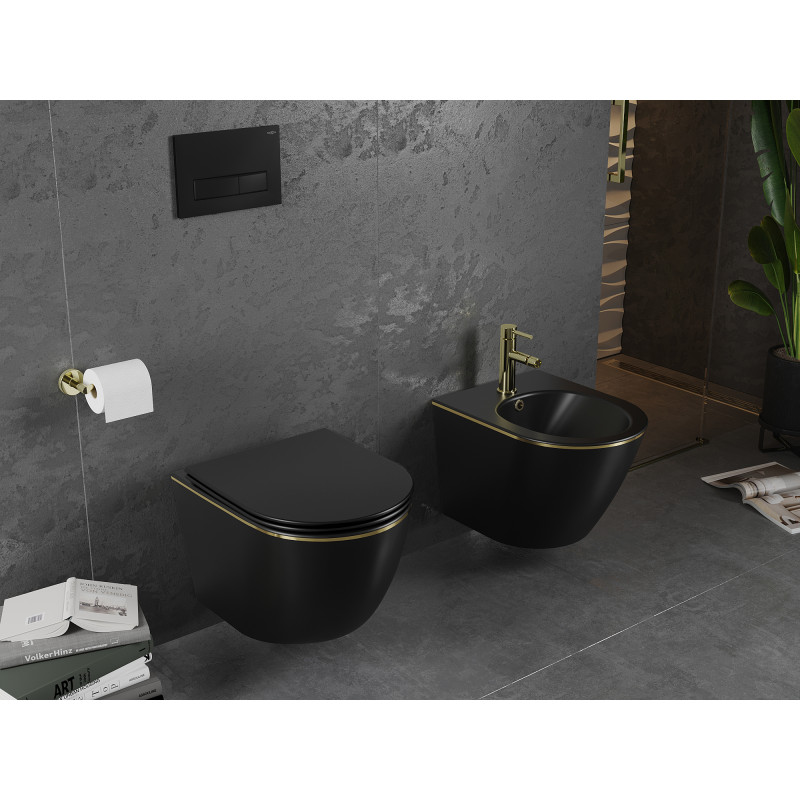 Mexen Lena WC misa bez okraja s pomaly zatvárajúcou slim doskou, duroplast, čierna matná/zlatá línia - 30224075