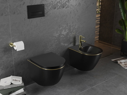 Mexen Lena WC misa Rimless s pomaly padajúcim sedátkom, duroplast, Čierna matná/Zlatá čiarový vzor - 30224075
