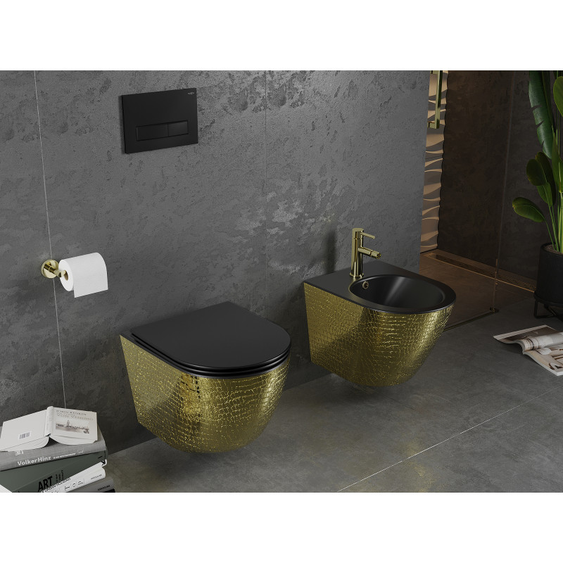 Mexen Lena WC misa Rimless s pomaly sklopnou doskou slim, duroplast, čierna matná/zlatý vzor šupiny - 30224078