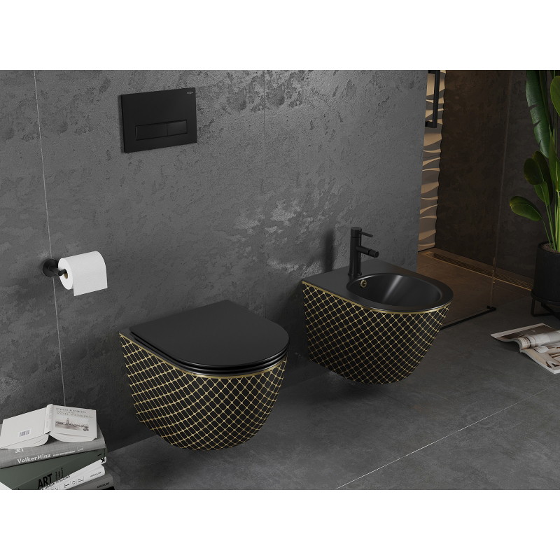 Mexen Lena WC misa Rimless so sedadlom s pomalým sklápaním slim, duroplast, čierna matná/zlatý vzor mriežky - 30224079
