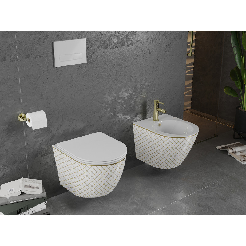 Mexen Lena WC misa Rimless s doskou pomaly zatvárajúca slim, duroplast, biela/zlatá vzor mriežka - 30224009