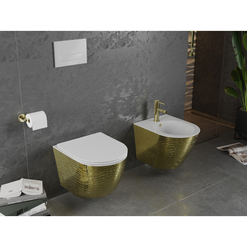 Mexen Lena miska WC Rimless so spomaľujúcim sedadlom slim, duroplast, biela/zlatá vzor šupiny - 30224008
