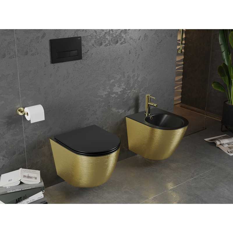 Mexen Lena WC misa Rimless s pomaly padajúcim sedadlom slim, duroplast, čierna matná/zlatý vzor línie - 30224077