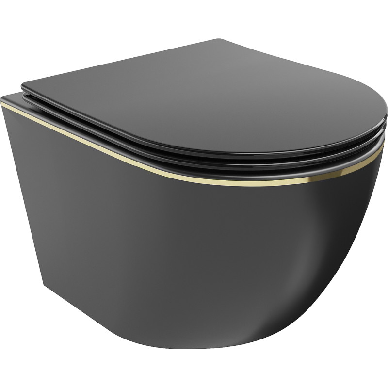 Mexen Lena wc misa Rimless s doskou s pomalým sklápáním slim, duroplast, čierna matná/zlatá línia - 30224075