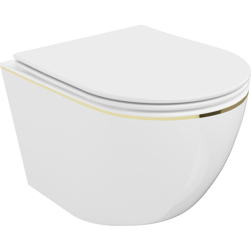 Mexen Lena WC misa Rimless s doskou s pomalým zatváraním slim, duroplast, biela/zlatá línia - 30224005