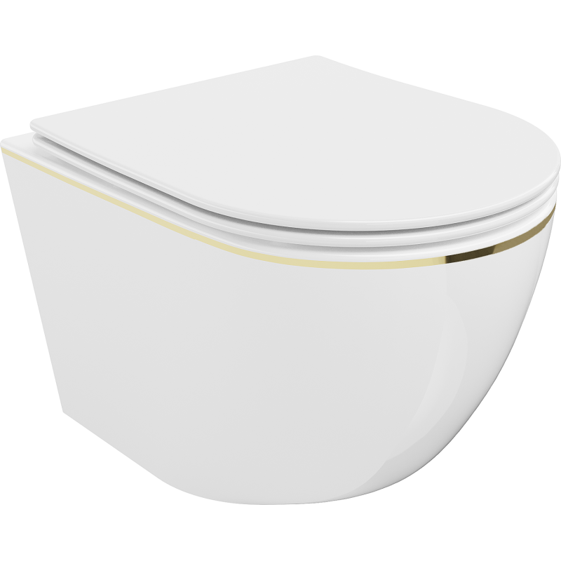 Mexen Lena WC misa Rimless so sedadlom s pomalým zatváraním slim, duroplast, biela/zlatá línia - 30224005