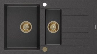 Mexen Matias granitový drez 1,5-komorový s odkvapkávacou doskou 900 x 505 mm, čierny bodkovaný, sifón zlatý - 6502901505-76-G