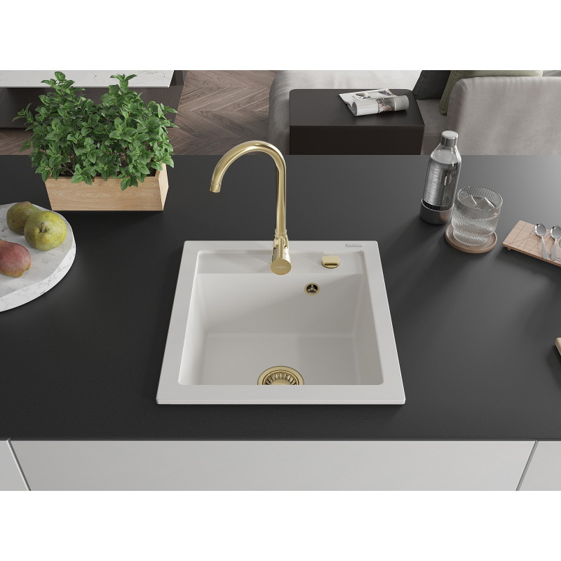 Mexen Vito granitový drez 1-komorový 520 x 490 mm, biely, zlatý sifón - 6503521000-20-G