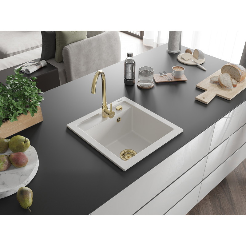 Mexen Vito granitový drez 1-komorový 520 x 490 mm, biely, sifón zlatý - 6503521000-20-G