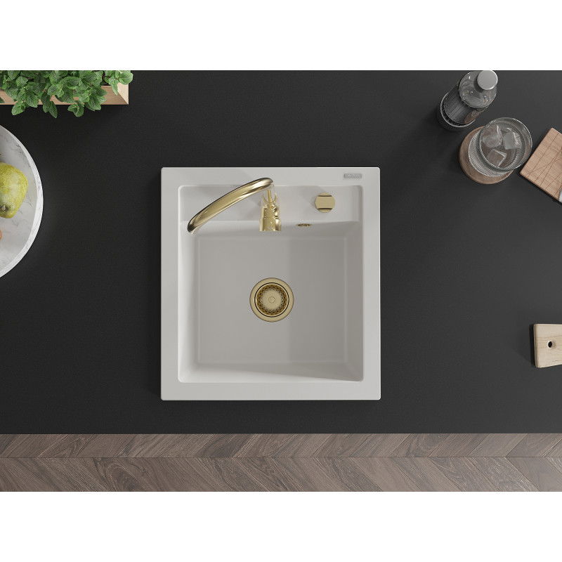 Mexen Vito žulový kuchynský drez s jednou komorou 520 x 490 mm, biely, so zlatým sifónom - 6503521000-20-G