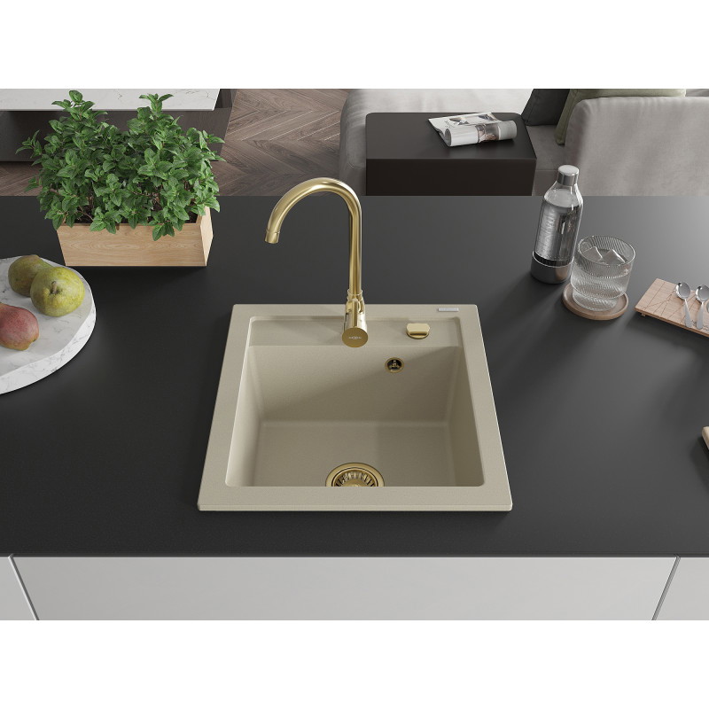 Mexen Vito žulový drezu 1-komorový 520 x 490 mm, béžový, zlatý sifón - 6503521000-69-G