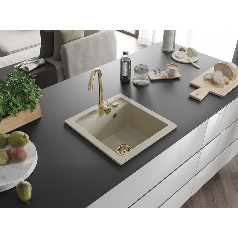 Mexen Vito žulový drezu 1-komorový 520 x 490 mm, béžový, zlatý sifón - 6503521000-69-G