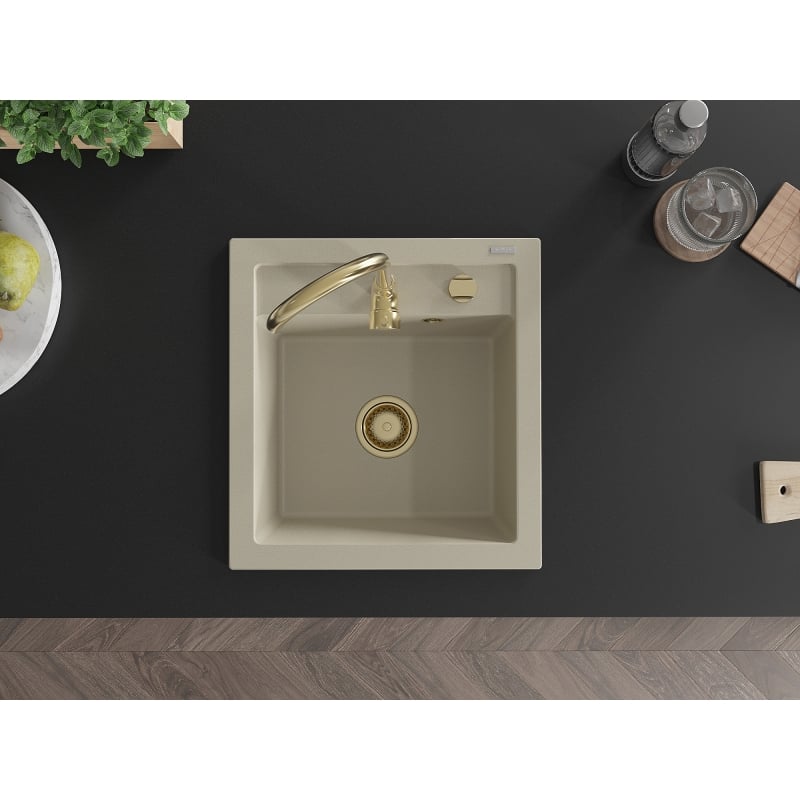 Mexen Vito granitový drez 1-komorový 520 x 490 mm, béžový, zlatý sifón - 6503521000-69-G