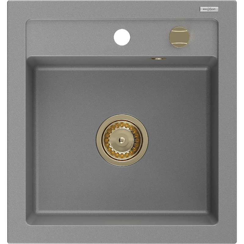 Mexen Vito granitový drez 1-komorový 520 x 490 mm, sivý, zlatý sifón - 6503521000-71-G