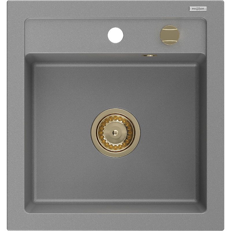 Mexen Vito granitový kuchynský drez 1-komorový 520 x 490 mm, sivý, sifón zlatý - 6503521000-71-G