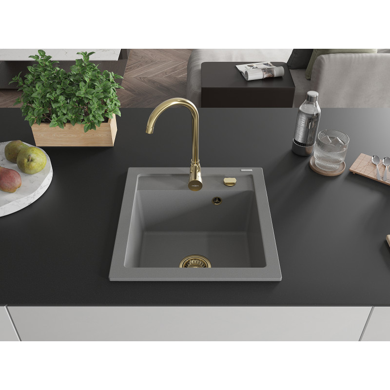 Mexen Vito granitový drez 1-komorový 520 x 490 mm, sivý, zlatý sifón - 6503521000-71-G