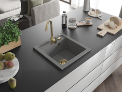 Mexen Vito granitový kuchynský drez 1-komorový 520 x 490 mm, sivý, sifón zlatý - 6503521000-71-G