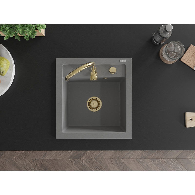 Mexen Vito žulový kuchynský drez s jednou komorou 520 x 490 mm, sivý, sifón zlatý - 6503521000-71-G