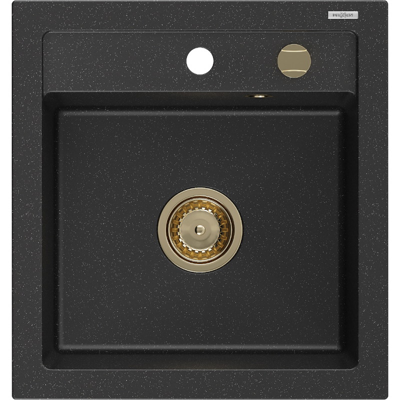 Mexen Vito granitový kuchynský drez 1-komorový 520 x 490 mm, čierny/strieborný metalik, sifón zlatý - 6503521000-73-G