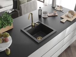 Mexen Vito granitový jednokomorový drez 520 x 490 mm, Čierna škvrnitá, Sifón Zlatá - 6503521000-76-G