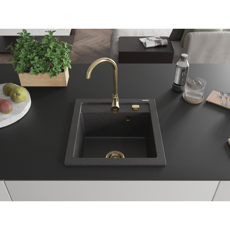Mexen Vito granitový jednokomorový drez 520 x 490 mm, čierny škvrnitý, sifón zlatý - 6503521000-76-G