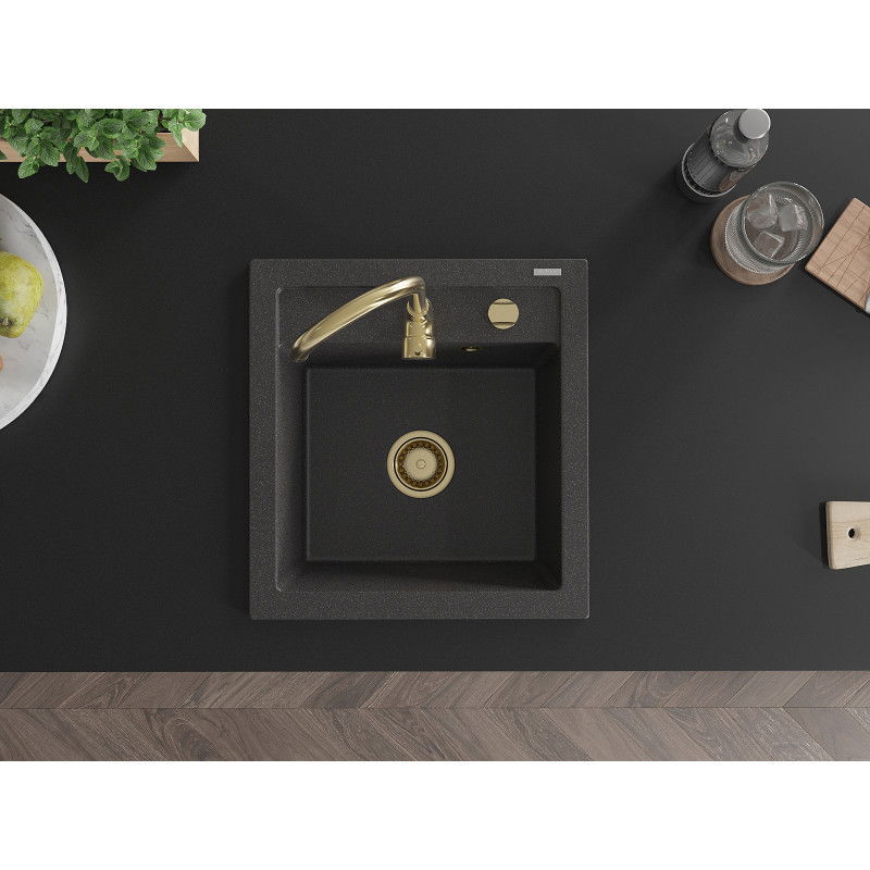 Mexen Vito granitový kuchynský drez 1-komorový 520 x 490 mm, čierny škvrnitý, sifón zlatý - 6503521000-76-G