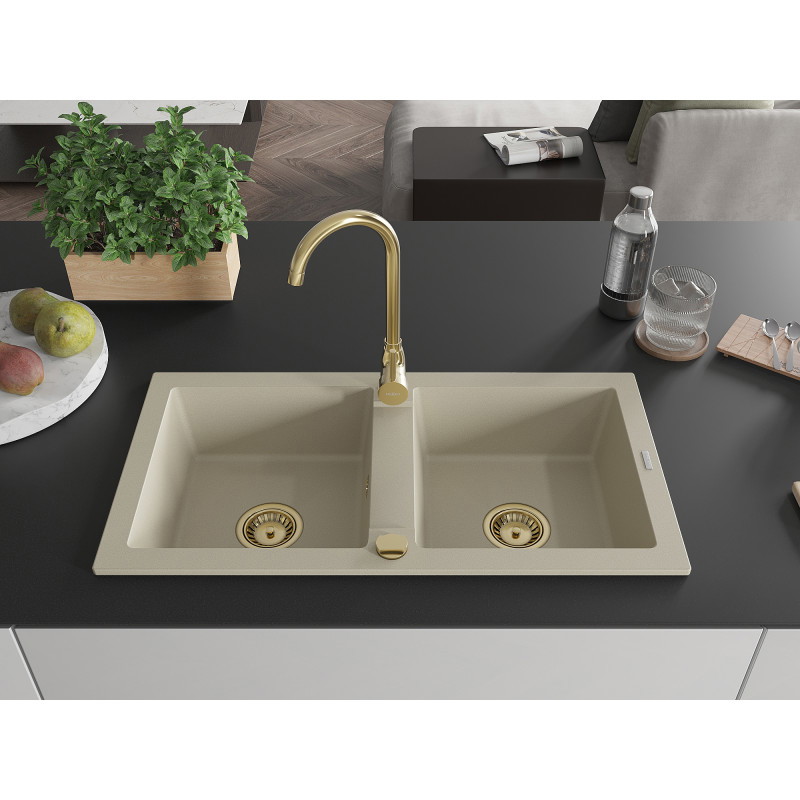Mexen Mario granitový drez 2-komorový 820 x 436 mm, béžový, zlatý sifón - 6504822000-69-G