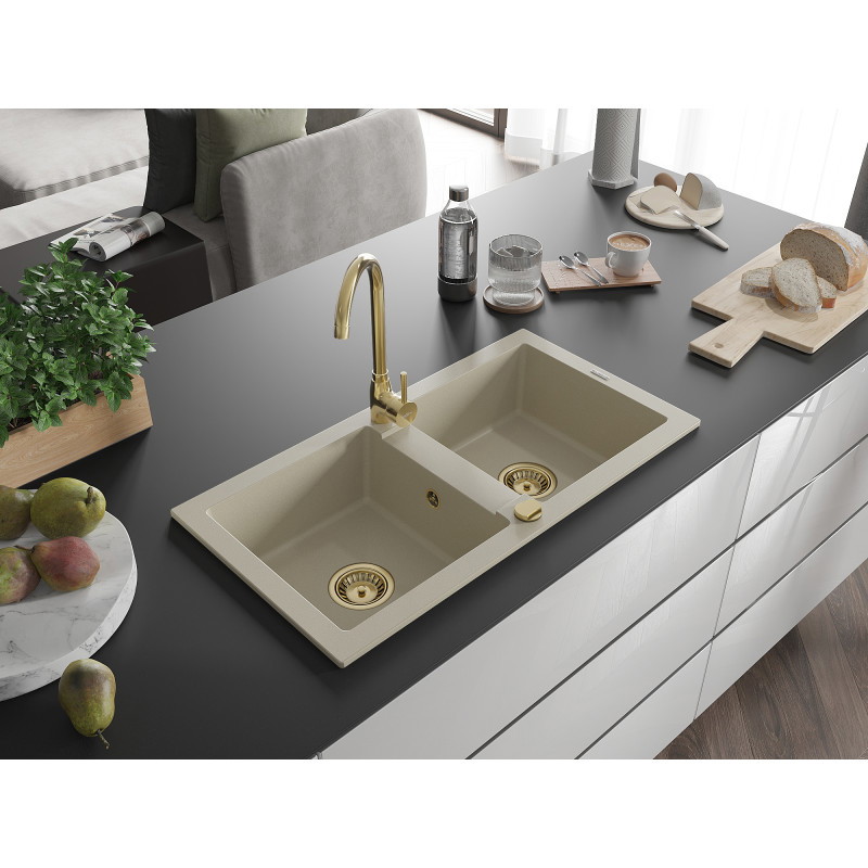Mexen Mario granitový drez 2-komorový 820 x 436 mm, béžový, zlatý sifón - 6504822000-69-G