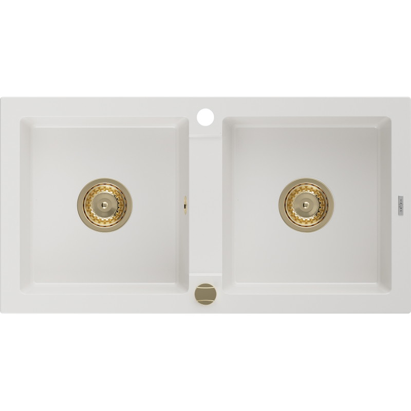 Mexen Mario granitový drez 2-komorový 820 x 436 mm, biely, sifón zlatý - 6504822000-20-G