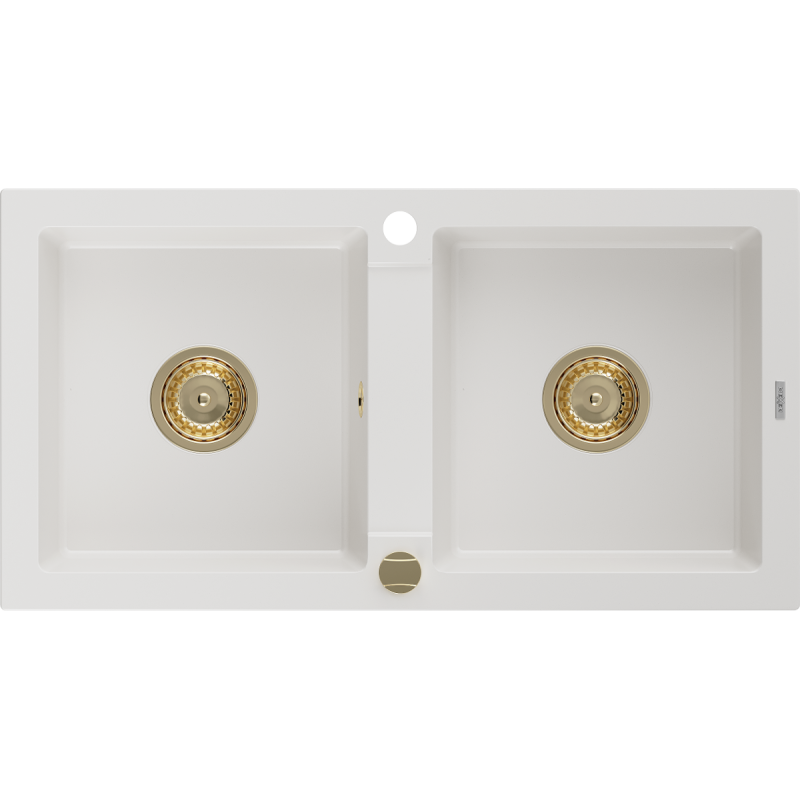 Mexen Mario granitový drez 2-komorový 820 x 436 mm, biely, zlatý sifón - 6504822000-20-G