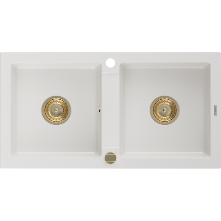Mexen Mario granitový drez 2-komorový 820 x 436 mm, biely, zlatý sifón - 6504822000-20-G