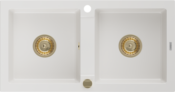 Mexen Mario granitový drez 2-komorový 820 x 436 mm, biely, zlatý sifón - 6504822000-20-G