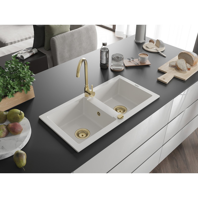 Mexen Mario granitový drez 2-komorový 820 x 436 mm, biely, zlatý sifón - 6504822000-20-G