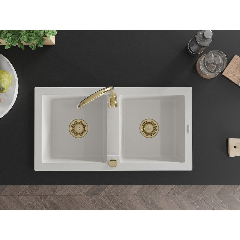 Mexen Mario dvojkomorový granitový drez 820 x 436 mm, biely, zlatý sifón - 6504822000-20-G