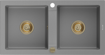 Mexen Mario granitový drez 2-komorový 820 x 436 mm, sivý, sifón zlatý - 6504822000-71-G