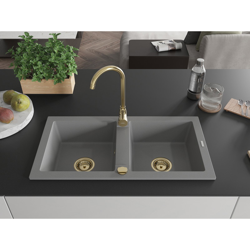 Mexen Mario drez granitový 2-komorový 820 x 436 mm, sivý, sifón zlatý - 6504822000-71-G